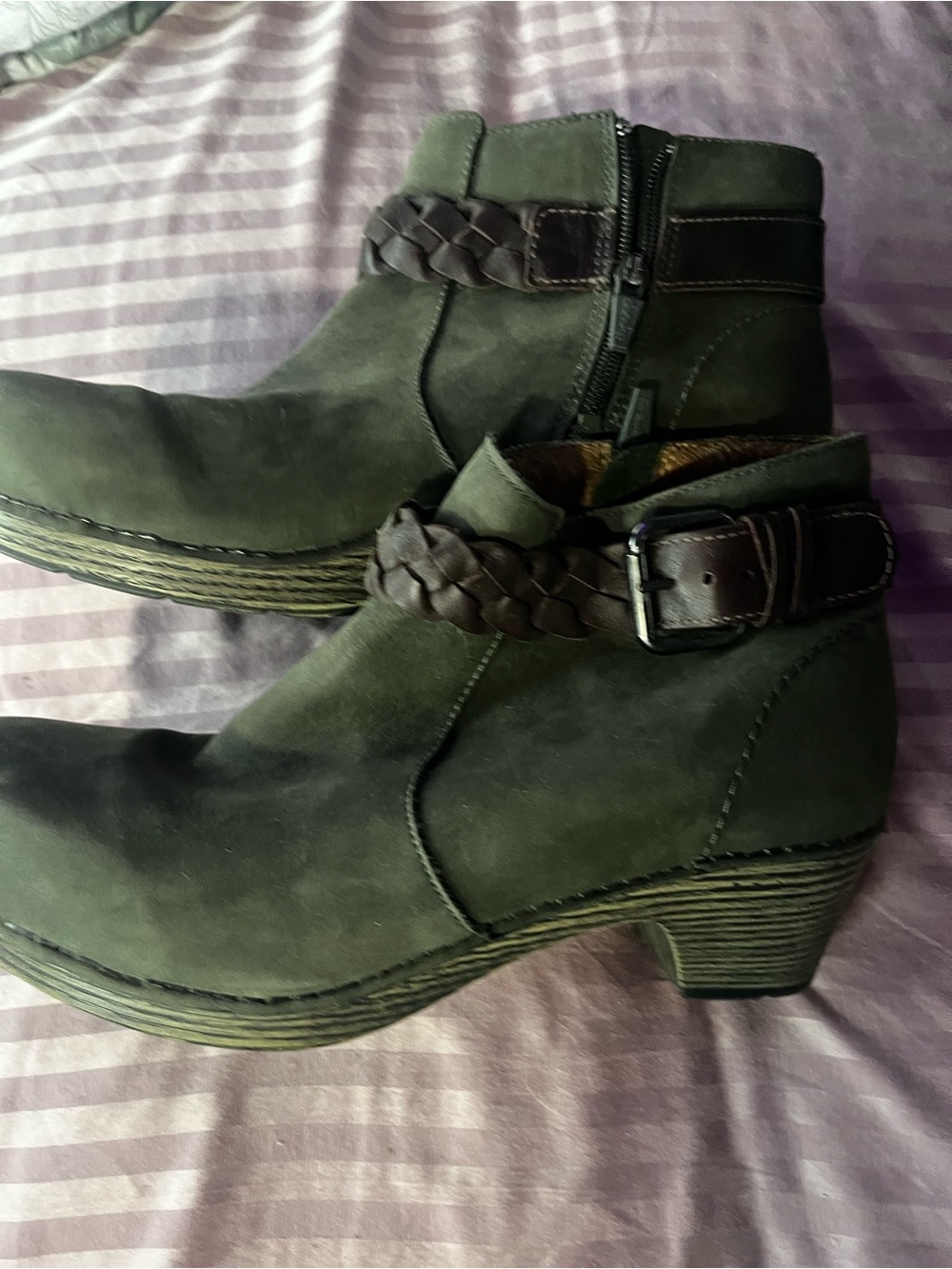 Dansko Olive Green Suede Ankle Mules with Brown Braided Strap